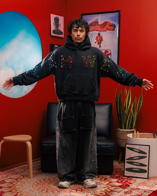 “YAHWEH” Multi-Colored Gemstone hoodie in Stone Black