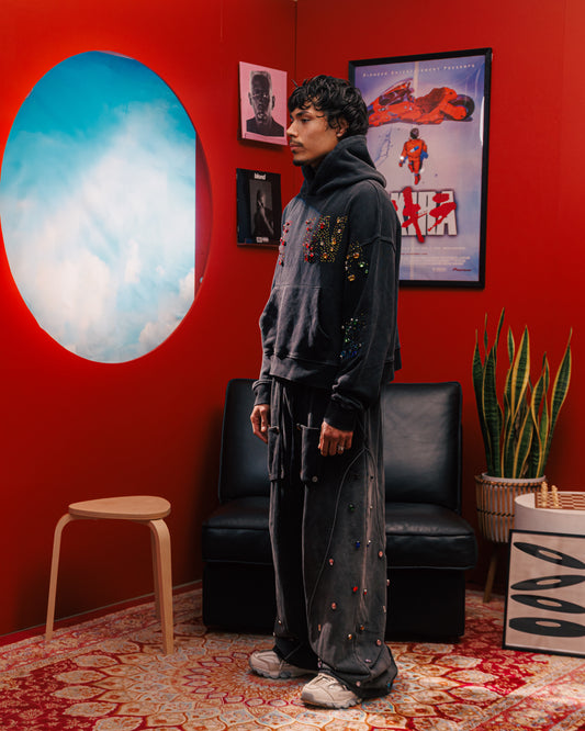 “YAHWEH” Multi-Colored Gemstone hoodie in Stone Black