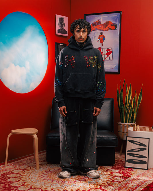 “YAHWEH” Multi-Colored Gemstone hoodie in Stone Black