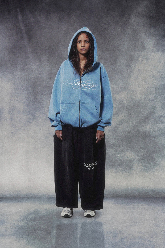 “Modesty” Zip-Up Hoodie in Powder Blue, Powder Blue