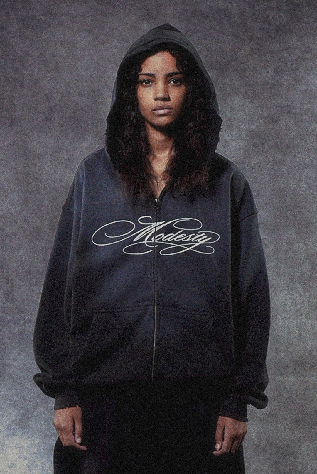 “Modesty” Zip-Up Hoodie in Potassium Black