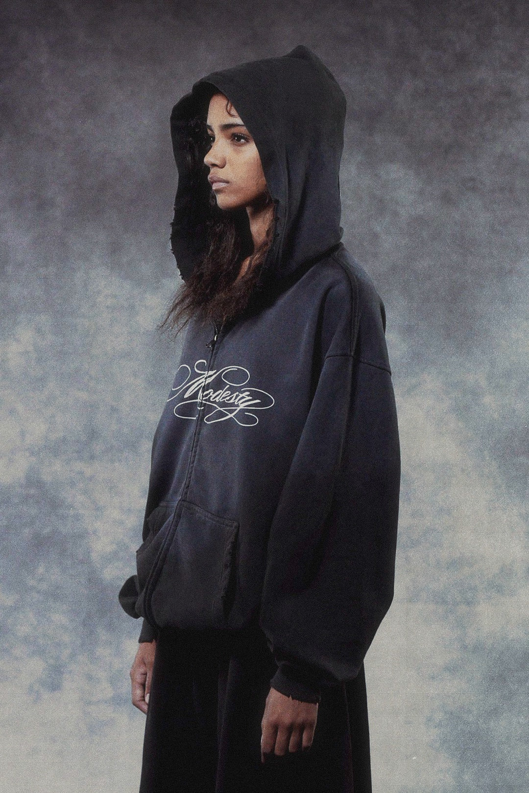 “Modesty” Zip-Up Hoodie in Potassium Black